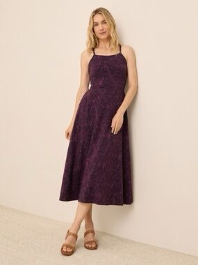 Pact Organic Cotton Fit and Flare Midi Dress in Purple Polka Dot
